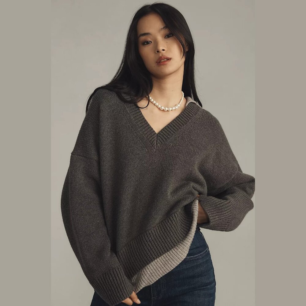 NEW Maeve Sizes M, L Women's Layered Polo V- Neck Sweater - Grey